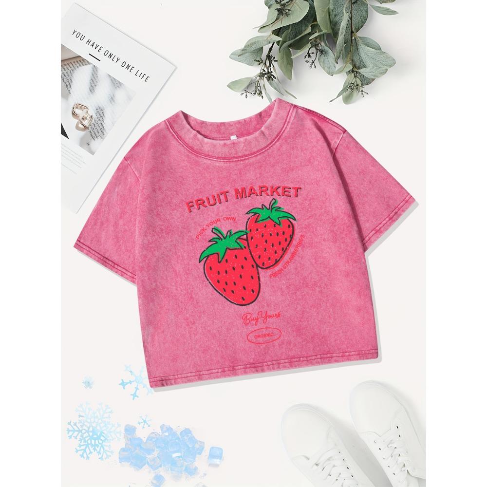 Casual Cotton Crop Tops Women Fruit Market Fresh Strawberries Prints Washed T-Shirt Y2K Regular Fit O-Neck Tees Clothes