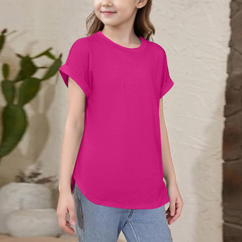 Girls Short Sleeve T Shirts Kids Crewneck Curve Summer Tees Hem Tops Sleeve T Shirts
