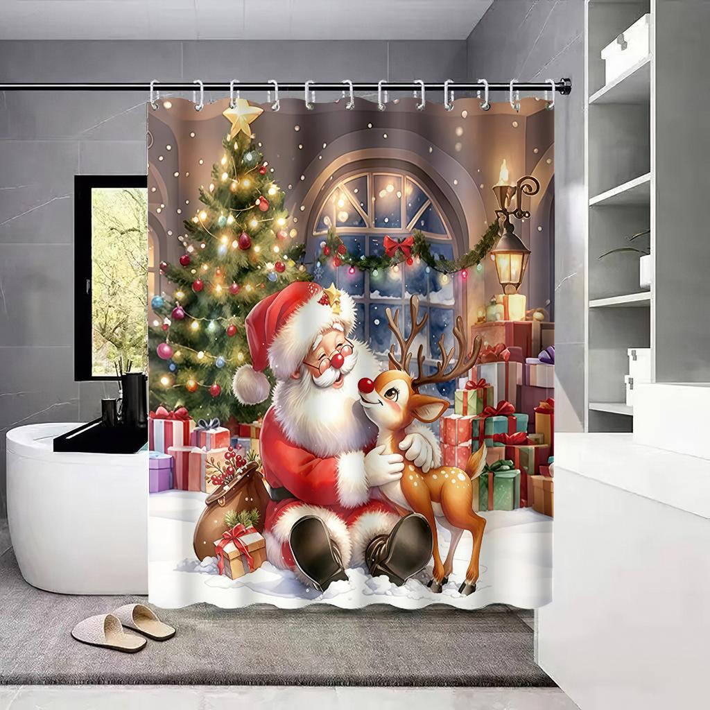 1pc Merry Christmas, Santa Claus print, waterproof shower, privacy curtain with 12 hooks, multiple sizes machine washable