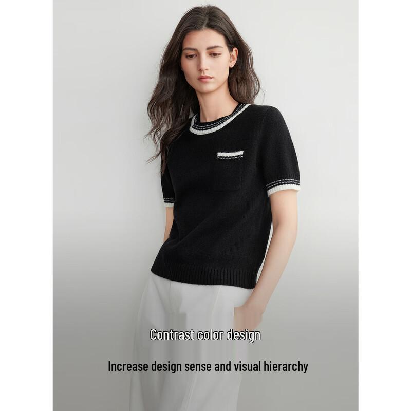 ELLE Women's Mohair Blend Color-Block Knitted Short Sleeve Sweater