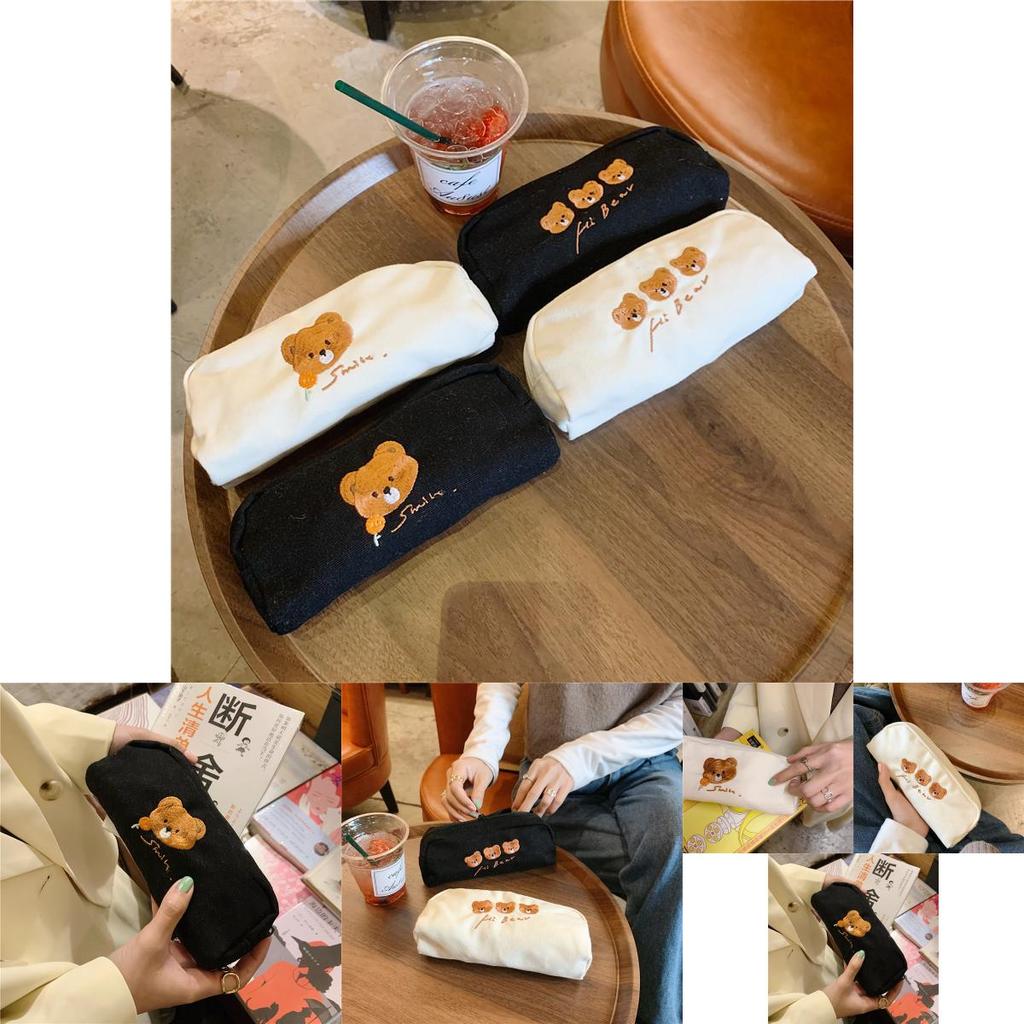 Cute Bear Embroidery Canvas Pencil Case Japanese Style Stationery Pouch Large Capacity Storage Bag