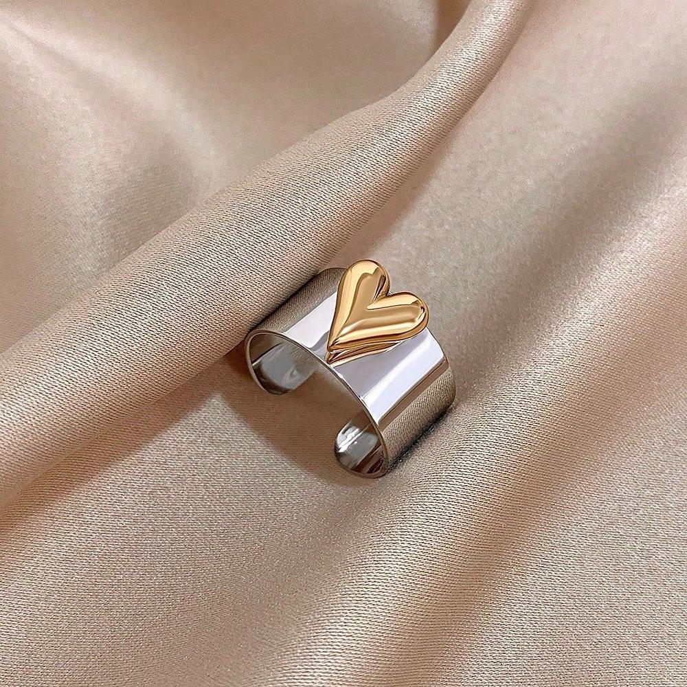 New Creativity Stainless Steel Heart Pattern Cuff Ring for Women Men Tide Wide Thick Personality Exaggerated Charm Party Zircon
