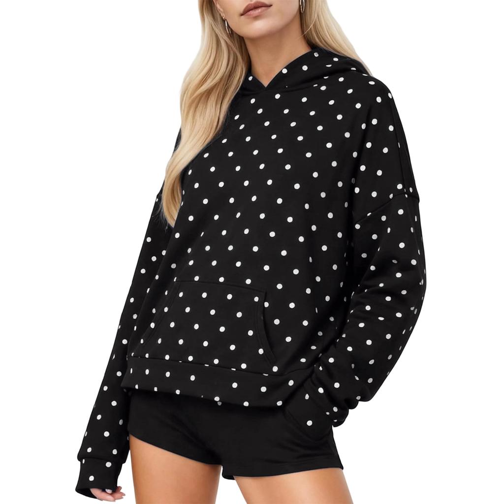 Women's Hooded Sweatshirt With Polka Dot Pattern Print, Trendy And Versatile Top
