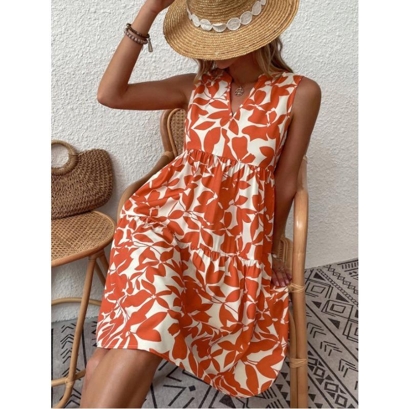 Elegant Sleeveless V Neck Floral Print Boho Mini Dress Summer Ruffle A Line Party Tank Dress Large Size Women Casual Loose Oversize Beach Sundress