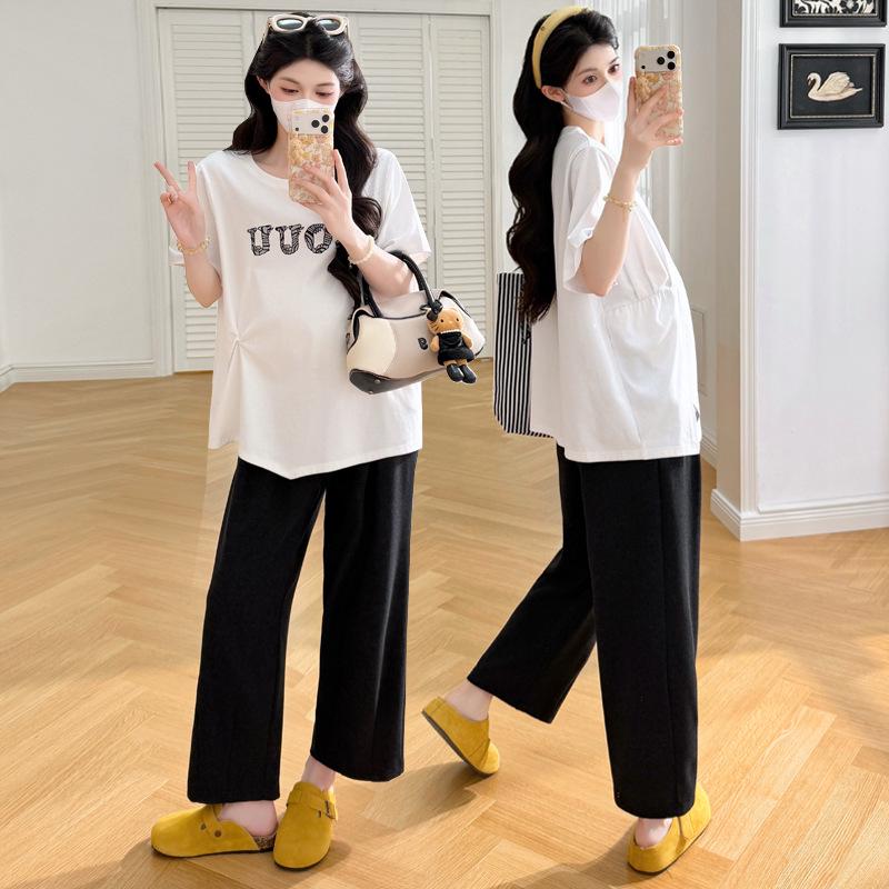 Maternity Short Sleeve Summer 2026 Stylish Belly Covering Casual Top & Pants Set 4XL