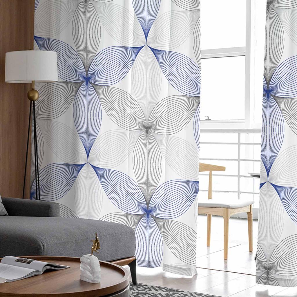 Modern Art Geometric Pattern Blue Tulle Window Curtains for Bedroom Luxury Home Decor Drapes In Living Room Chiffon Panels