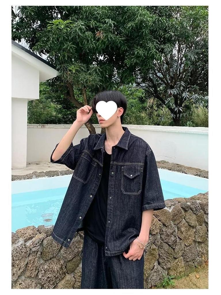 Unisex American Retro Denim Short-Sleeved Shirt and Cropped Shorts Summer Suit