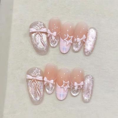 Sweet Plaid French Cat Eye Blush Bow Hollowed Out Stars European and American Ins Style Removable Nail Art Pieces 30 Pieces