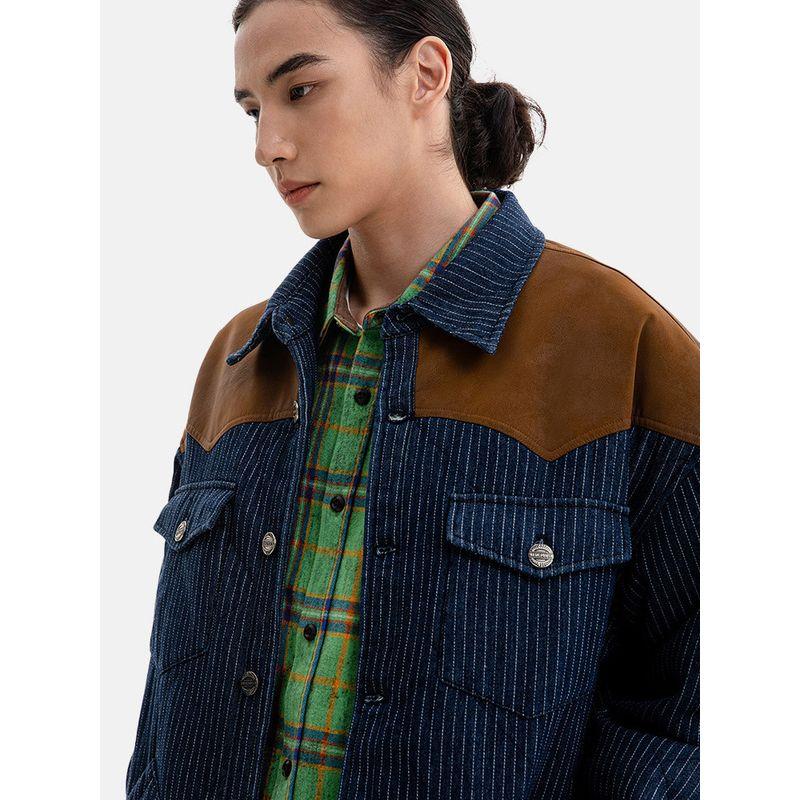 American-Style Retro Denim Patchwork Work Shirt Cotton Jacket for Men Winter Coat Foreign Trade Men's Cotton Clothing
