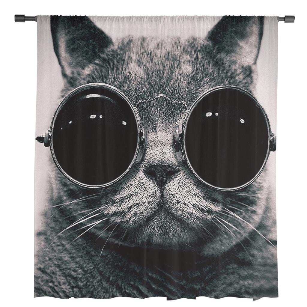 Cat With Glasses Chiffon Sheer Curtains for Living Room Bedroom Home Decoration Window Voile Tulle Curtain Drapes