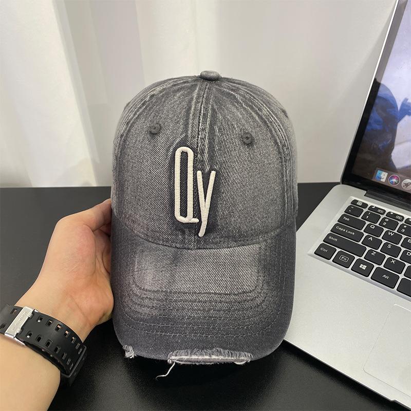 Washed Denim Hat for Men, Korean Style Vintage Sunshade Baseball Cap, Fashionable and Versatile, Embroidered Soft-top Distressed Duckbill Cap for