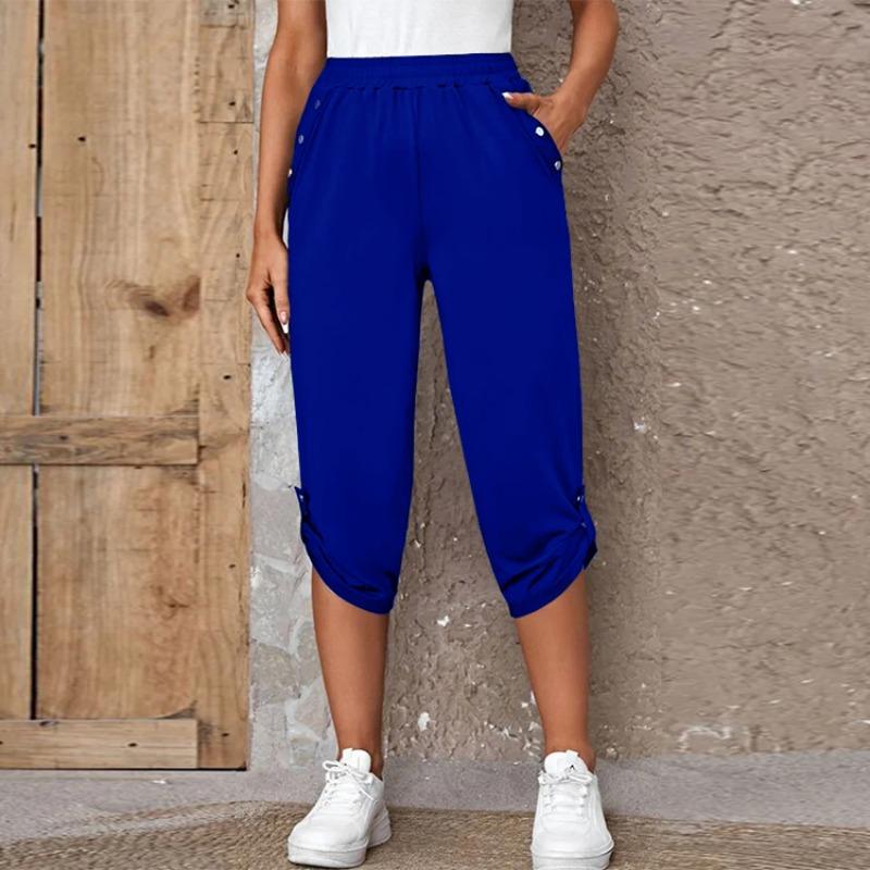 Women's Cropped Trousers with Pockets and Elastic Waist, Summer Buttons
