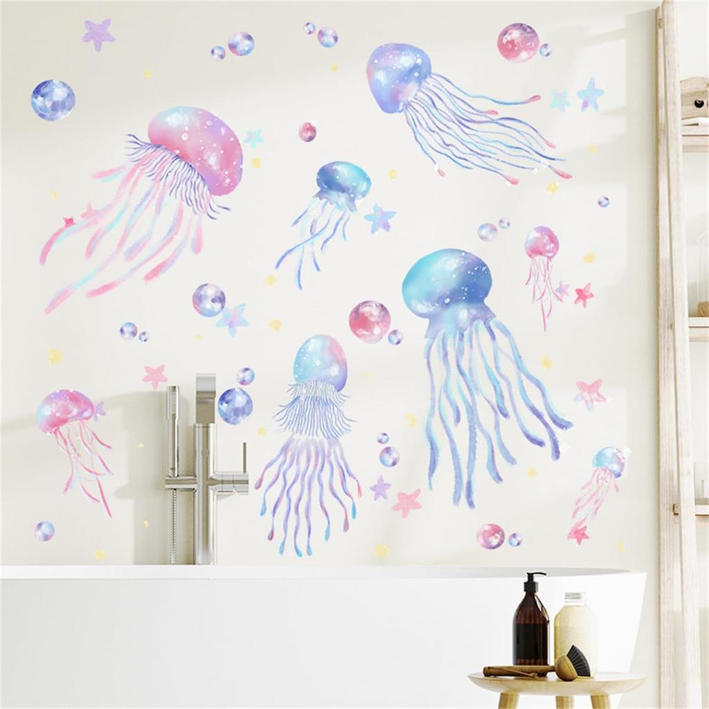 Stylish Sea Creatures Jellyfish Wall Stickers with Stars and Sea Water Removable Wall Decals for Study and Wall Bedroom Wall Sticker Designs, Drops,