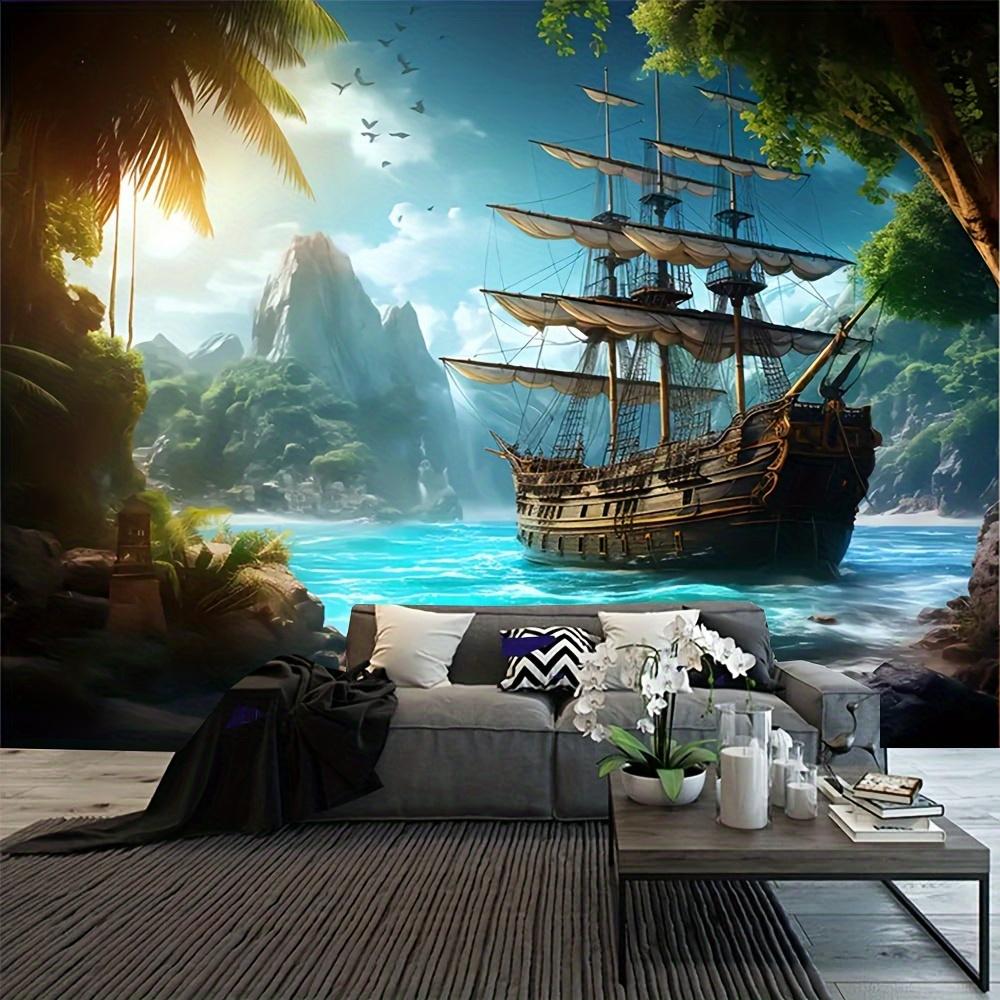 1pc Sea View Pirate Ship Photo Background Wall Polyester Tapestry Living Room Bedroom Office Party Decoration