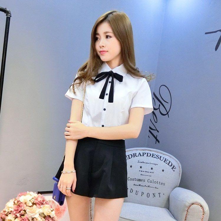 

Spring 2020 Women s White Long Sleeve Shirt with Black Bow Tie and Buttons Small