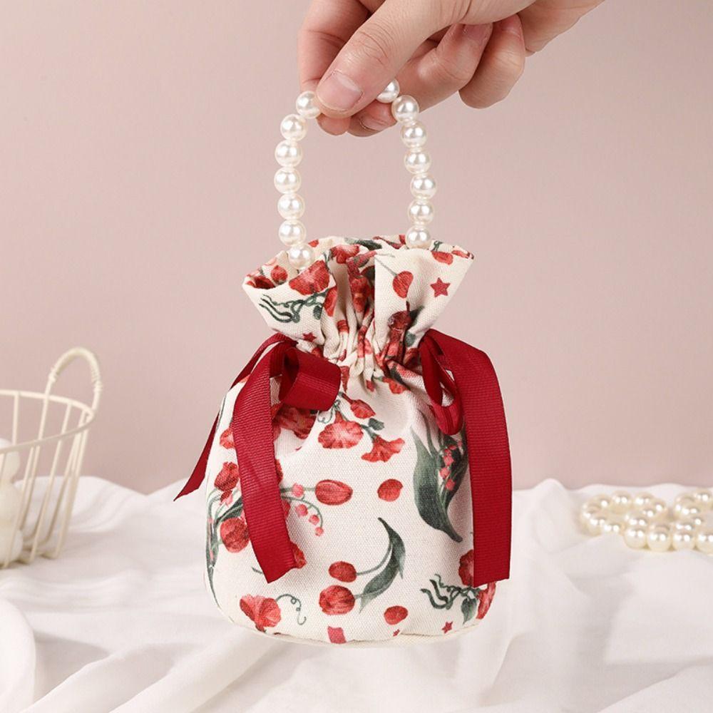 Pearl Handle Canvas Flower Drawstring Bag Ribbon Bow Festive Sugar Bag Bowknot Handbag  Outdoor
