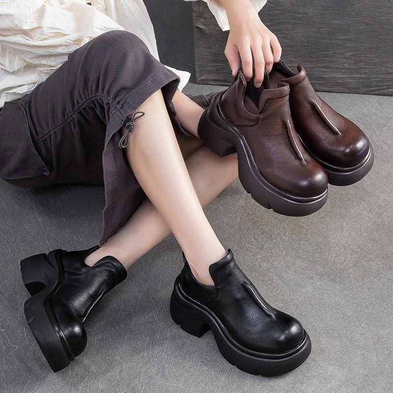 Johnature Retro Genuine Leather High Heels Pumps Commuting Comfort And Versatile Women's Platform Shoes