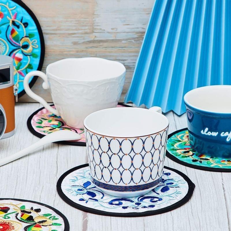 Floral Cloth Coasters for Decoration,13cm Fabric Embroidered Round Coaster Art Souvenirs Gifts Vintage Ethnic Teacup Mat Home Ornament,1pc
