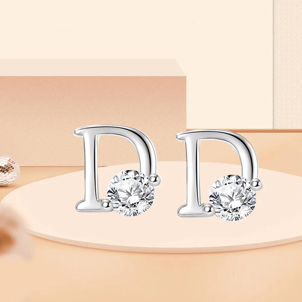 

UMCHO стерлингового серебра 925 пробы, винтажные роскошные серьги с цирконом в виде буквы D для женщин, маленькие нежные серьги-гвоздики, брендовые модные ювелирные изделия, подарок платиновый