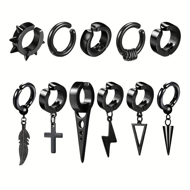 EVISPOL 11pcs Punk Style Stainless Steel Ear Clip Set Non-Piercing Hip-Hop Rivet Feather Pendant Earrings for Men and Women
