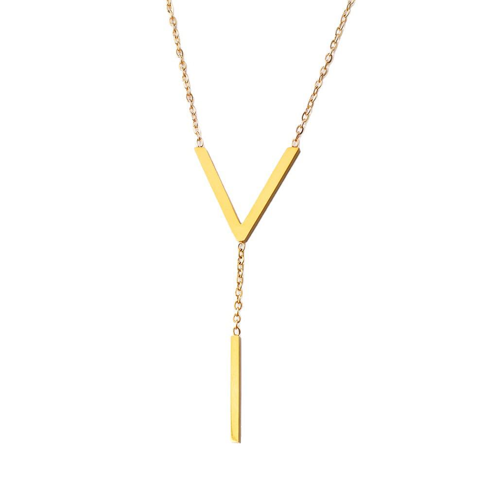 Women's Simple English Letter V Titanium Steel Tassel Clavicle Necklace - Non-fading Accessory