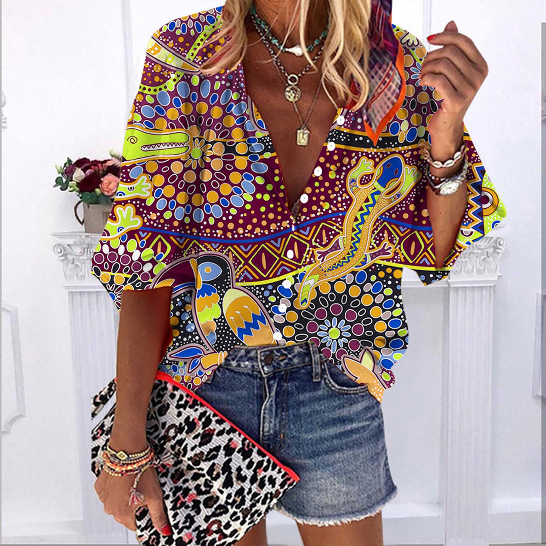 

2023 Лето-Осень Новые модные женские топы Розовые гекконы с принтом до половины рукава Повседневная рубашка больших размеров на пуговицах с объемными рукавами 5XL