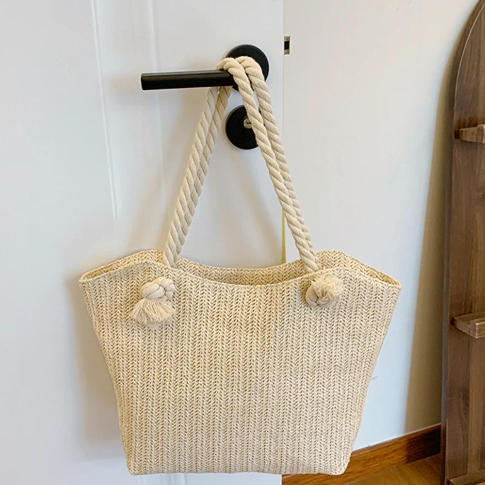 Solid Color Beach Handbag Large Capacity Underarm Shoulder Bag Casual Straw Tote Bag  Travel