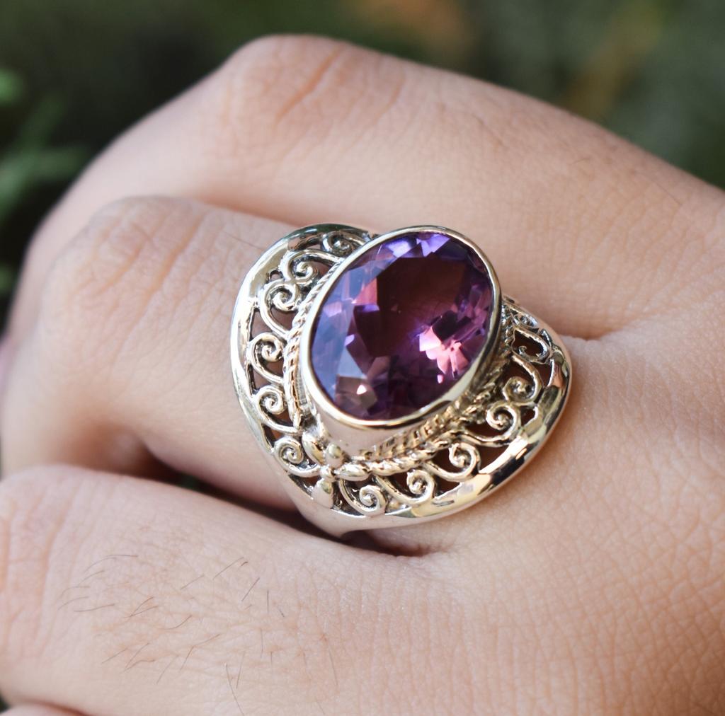 Natural Amethyst Ring, 925 Sterling Silver Jewelry, Gift for Mother, Vintage Inspire Jewelry