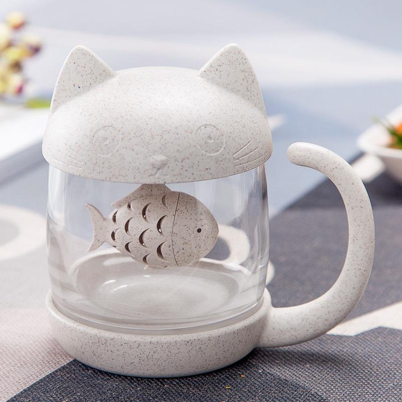 Cute Cat Glass with Lid Office Couple Flower Tea Filter Water Cup Creative Mug Cartoon Simple Design and Creative Concept