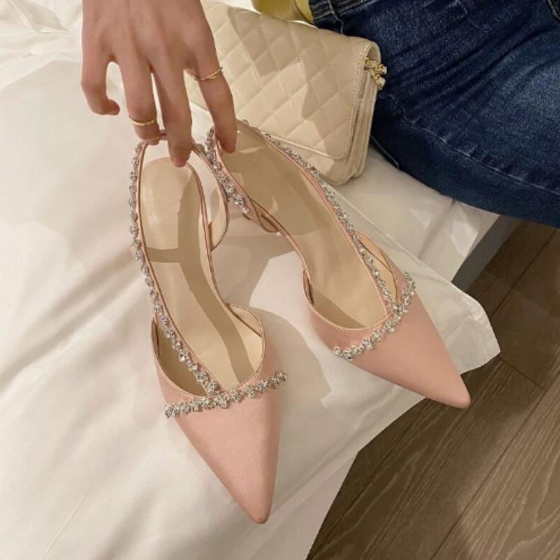 Mode Luxe Dames Hoge Hakken Dames Puntige Neus Feest Bruiloft Schoenen Wit Zwart Stiletto Zomer Strass Slingback Sandalen Vrouwelijk