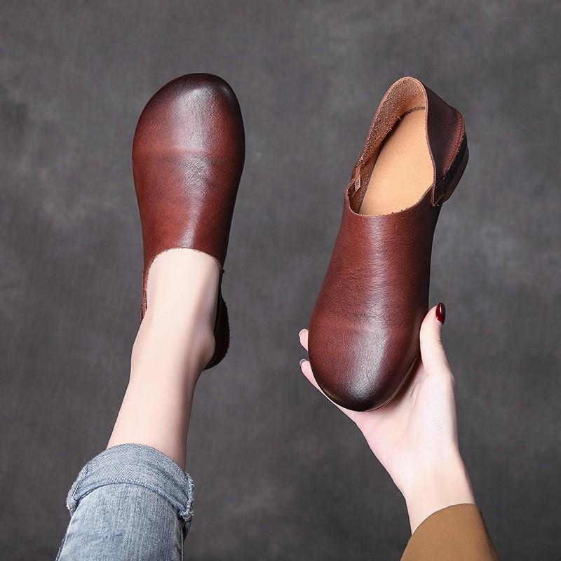 Johnature Genuine Leather Loafers Round Toe Soft Soled Versatile Soft Cowhide Women's Low Heeled Leisure Shoes