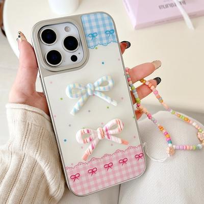 Ins Pink and Blue Plaid Three-dimensional Bow for Apple 16 Mobile Phone Case iPhone15Promax Lanyard 4puls