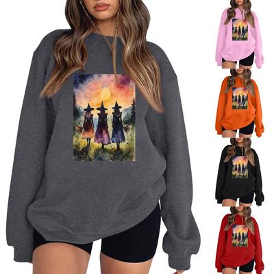 Women's Casual Round Neck Long Sleeved Pullover, Halloween Printed Top, Long Sleeved Hoodie