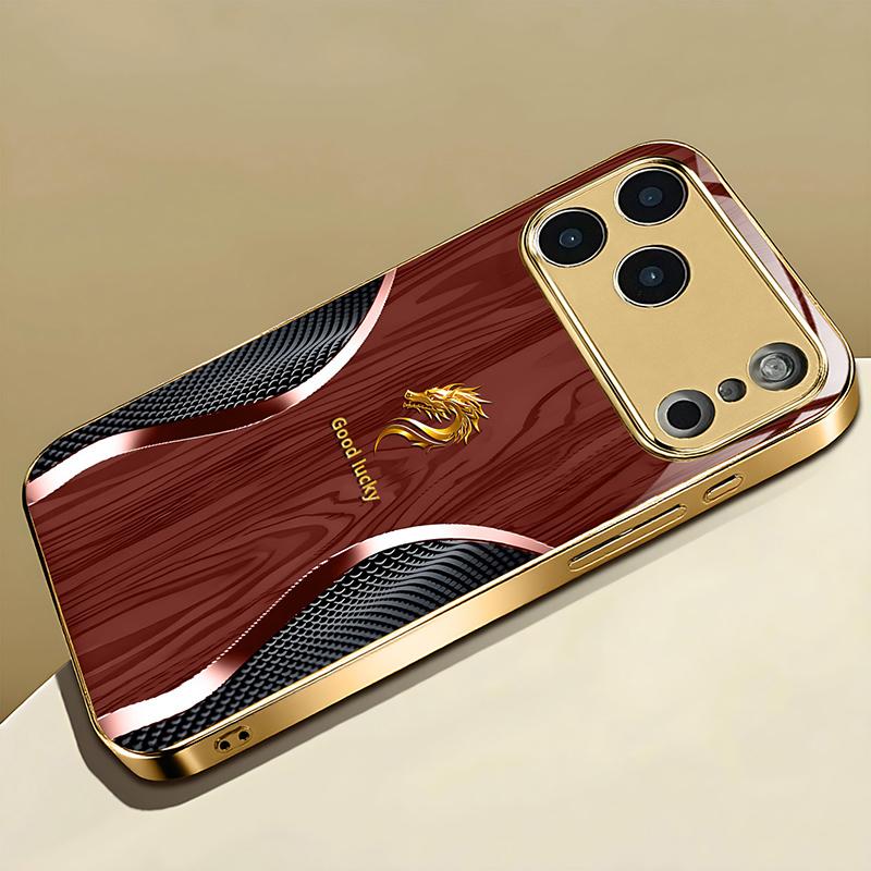 Creative Golden Dragon Pattern Gold Metallic Paint Glass Phone Case For iPhone 17 11 12 13 14 15 16 Pro Max Plus 17Air 16E Cover