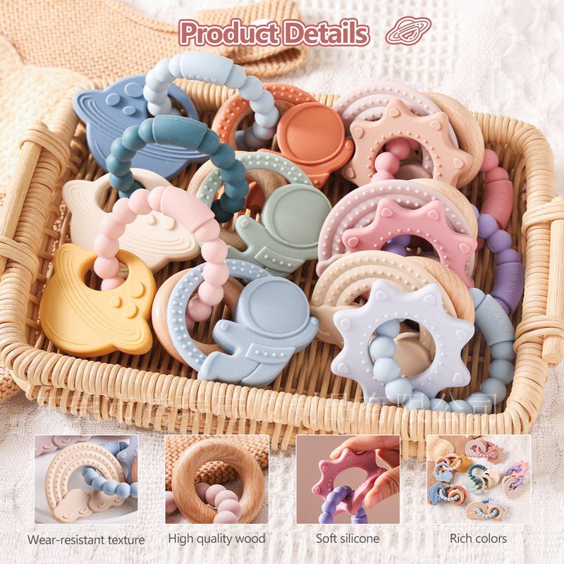 Silicone & Beech Wood Baby Teething Bracelet and Soothing Ring