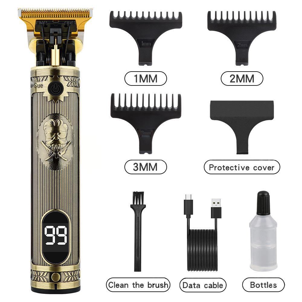 Retro T9 Electric Hair Clipper with LCD Display, USB Charging, Buddha Head Design, Oil Head Styling, and Power Push Technology.