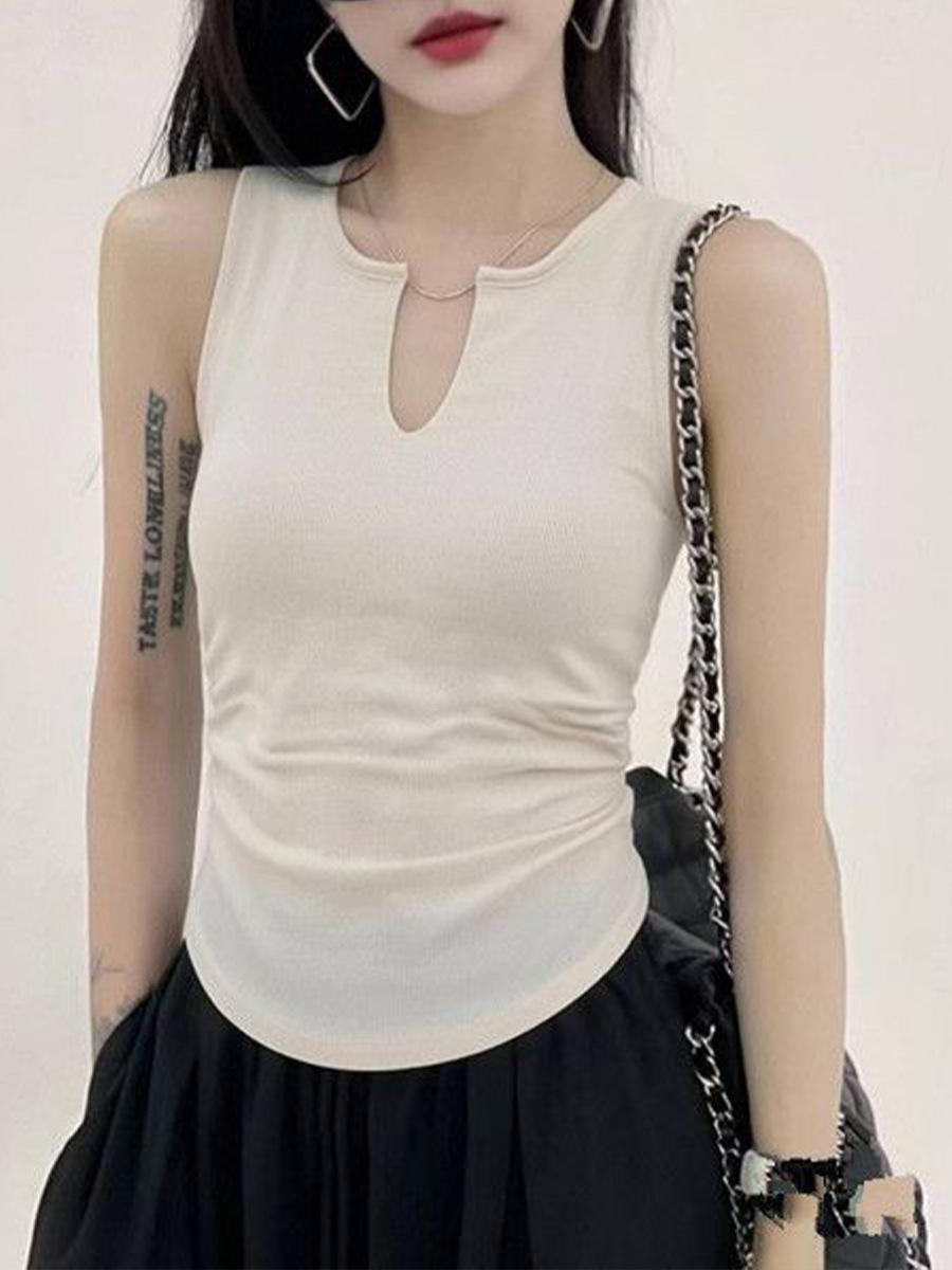 Silk Korean V-Neck Waist-Cinching Curved Sleeveless Knit Top One Size абрикосовый