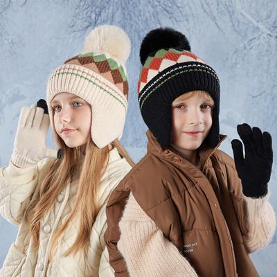 Winter Kinder Strickmütze Handschuhe Set Niedlicher Bommel Plus Samt Beanie Jungen Mädchen Warme Ohrenschutz Mützen Outdoor Kinder Accessoires