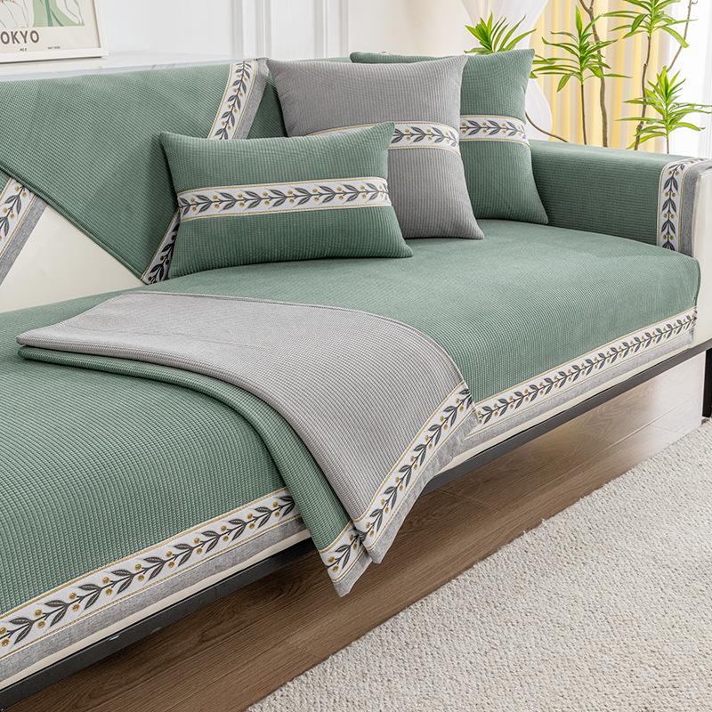 Short Plush Sofa Cover Embroidery Ribbon Slip Resistant Slipcover Seat European Couch Cover Sofa Towel For Living Room Decor