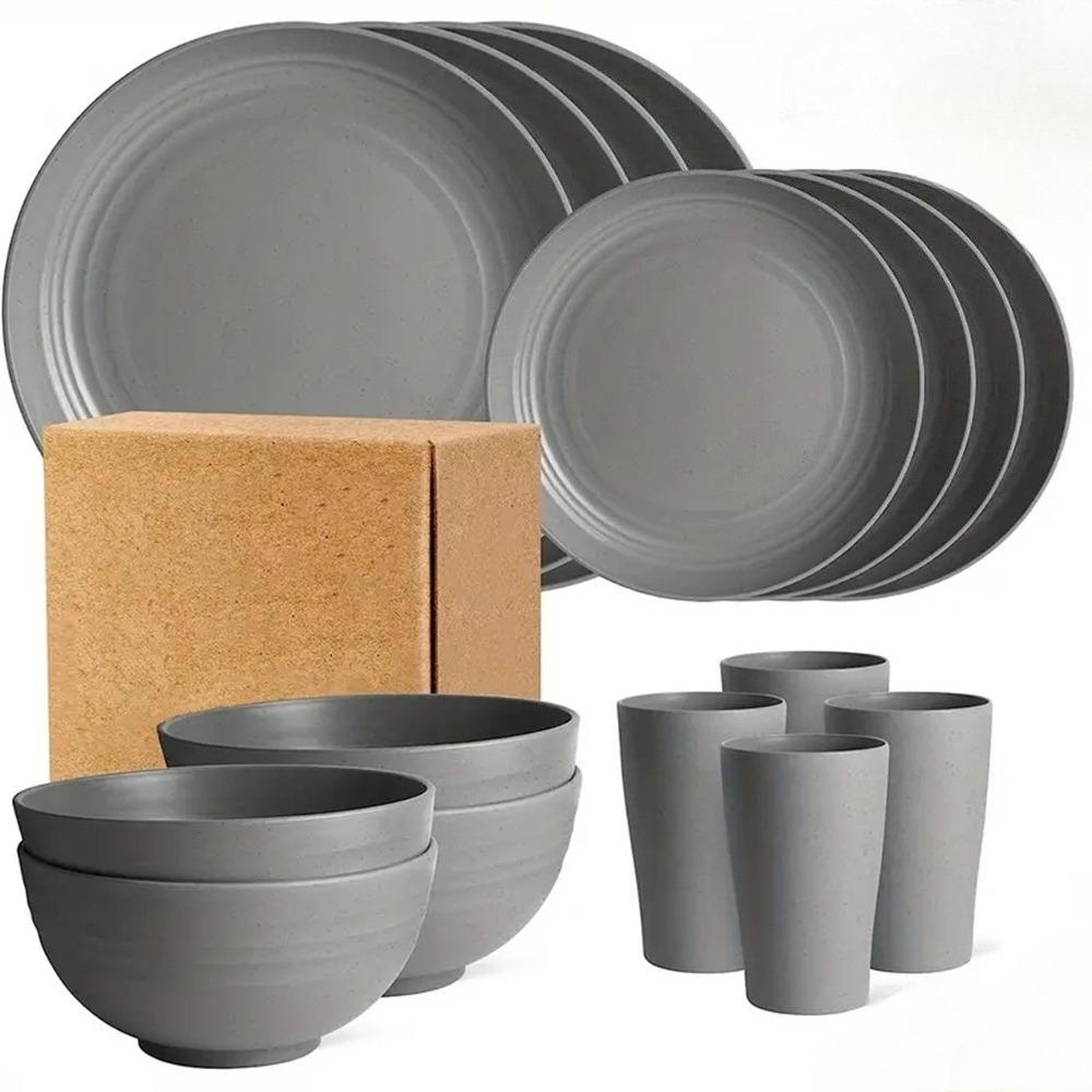 NEW 16-piece Set of Bowls, Cups and Plates, Pure Black Tableware Set, Plastic Dinner Plates and Water Cups Set Gift