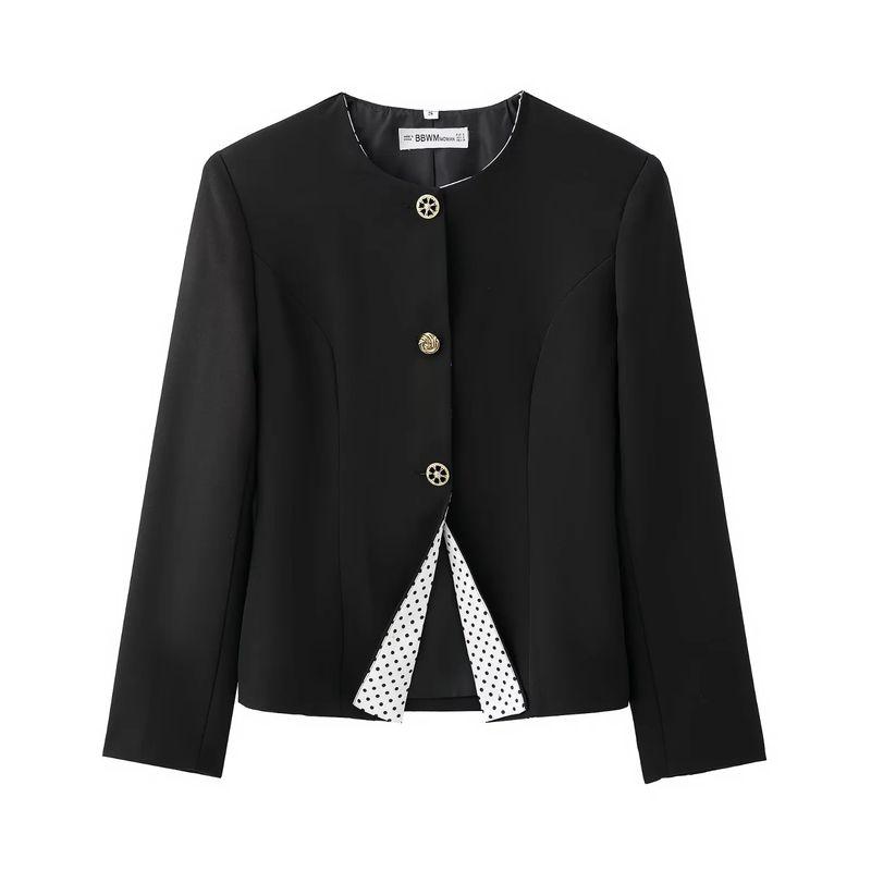 Spring New Women's Clothing Hepburn Style Polka Dot Stitching Skirt + round Neck Long Sleeves Button Decoration Suit Outwear