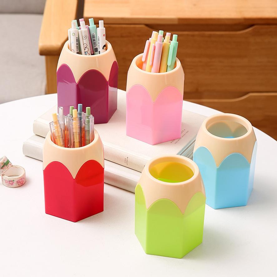 Cute Contrast Color Pen Holder Large Capacity Desktop Storage Box Plastic Organizer For Office Study Stationery