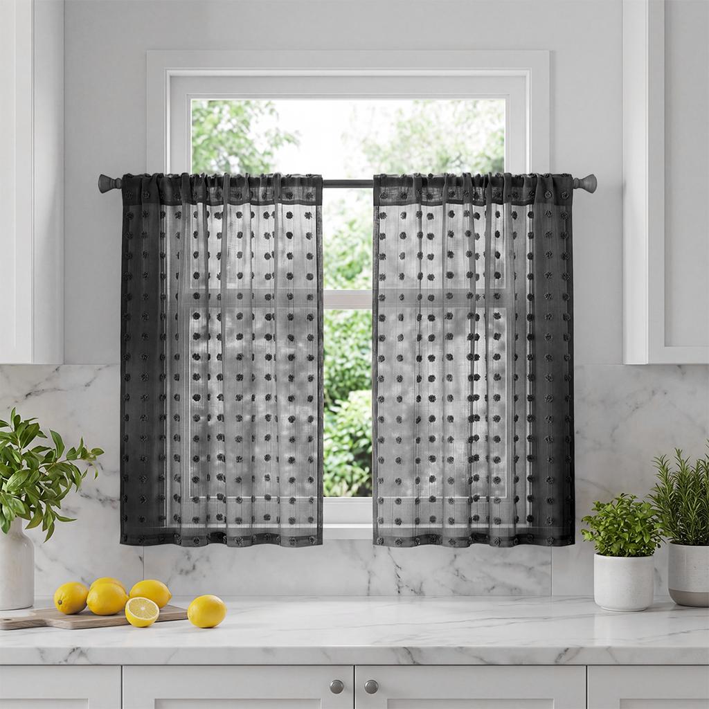 Kitchen Curtains, 2-Piece Set, Polka Dot Jacquard, Rod Pocket Top