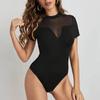Women's Summer Solid Color Short Sleeve Mesh Patchwork Receiving Waist Lift Hip Jumpsuit