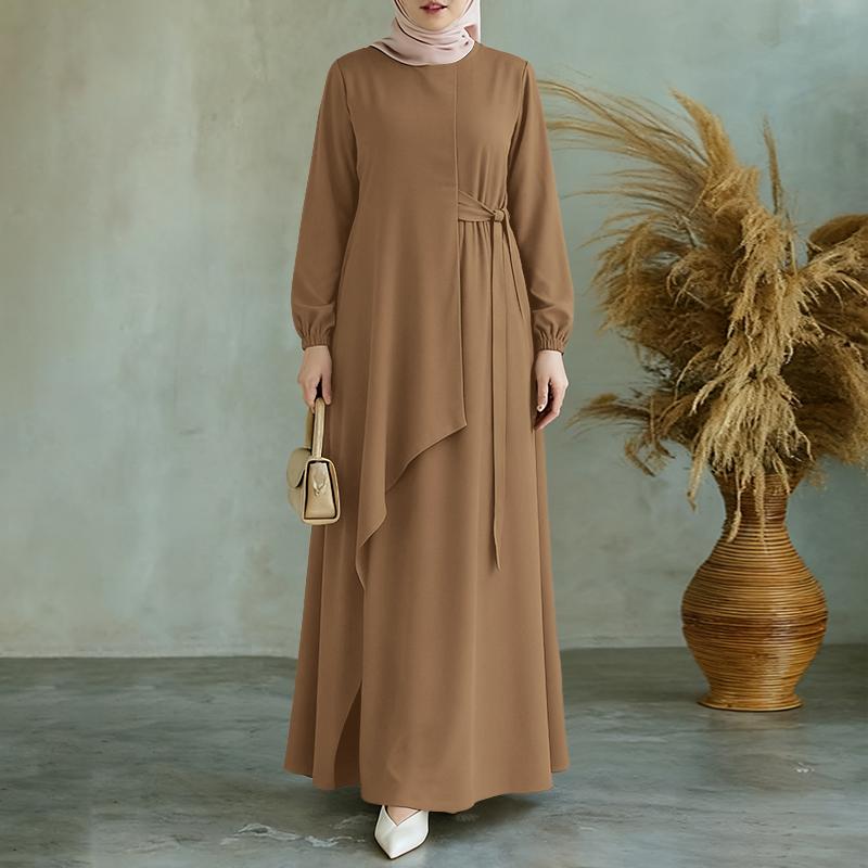 

ZANZEA Women Casual Round Neck Solid Color Loose Long Sleeve Muslim Dress M