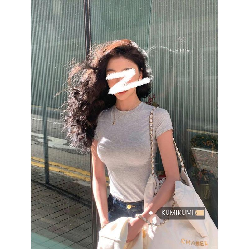Basic Style Silm Pullover Tops round Neck Short Sleeve T-shirt