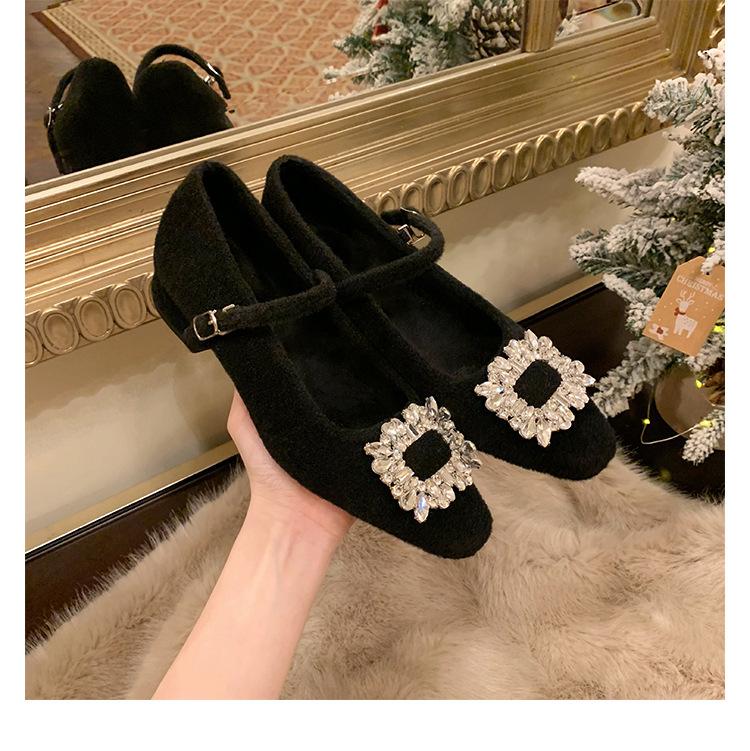 Wool version~ Diamond buckle small square head with woolen thick heel Mary Jane single shoes women's leather small heels ladyshoes