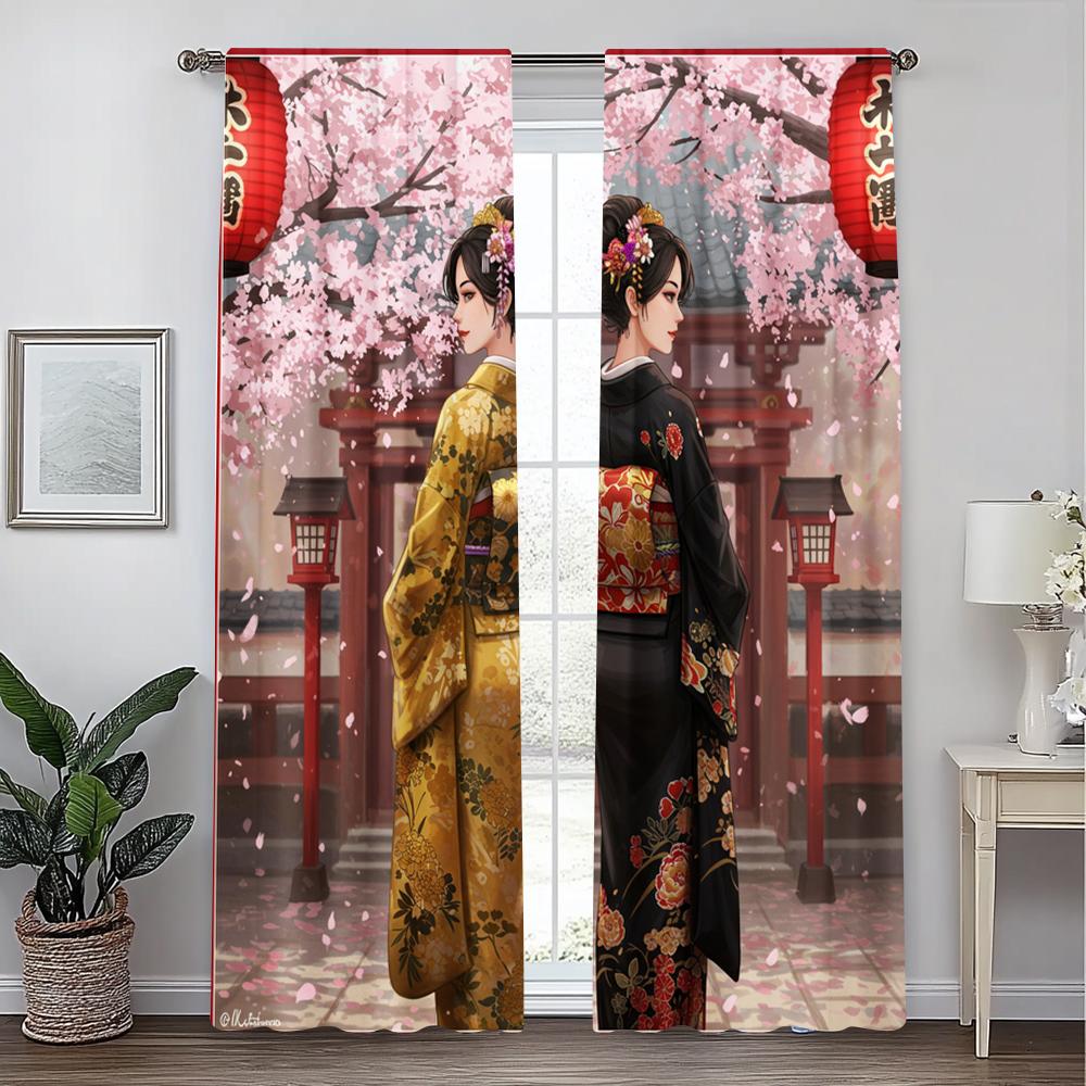 2pc   Window Curtains Art Japanese Sakura Kimono Girl Machine Washable Polyester  Without Electricity Festive Holiday for Bedroom