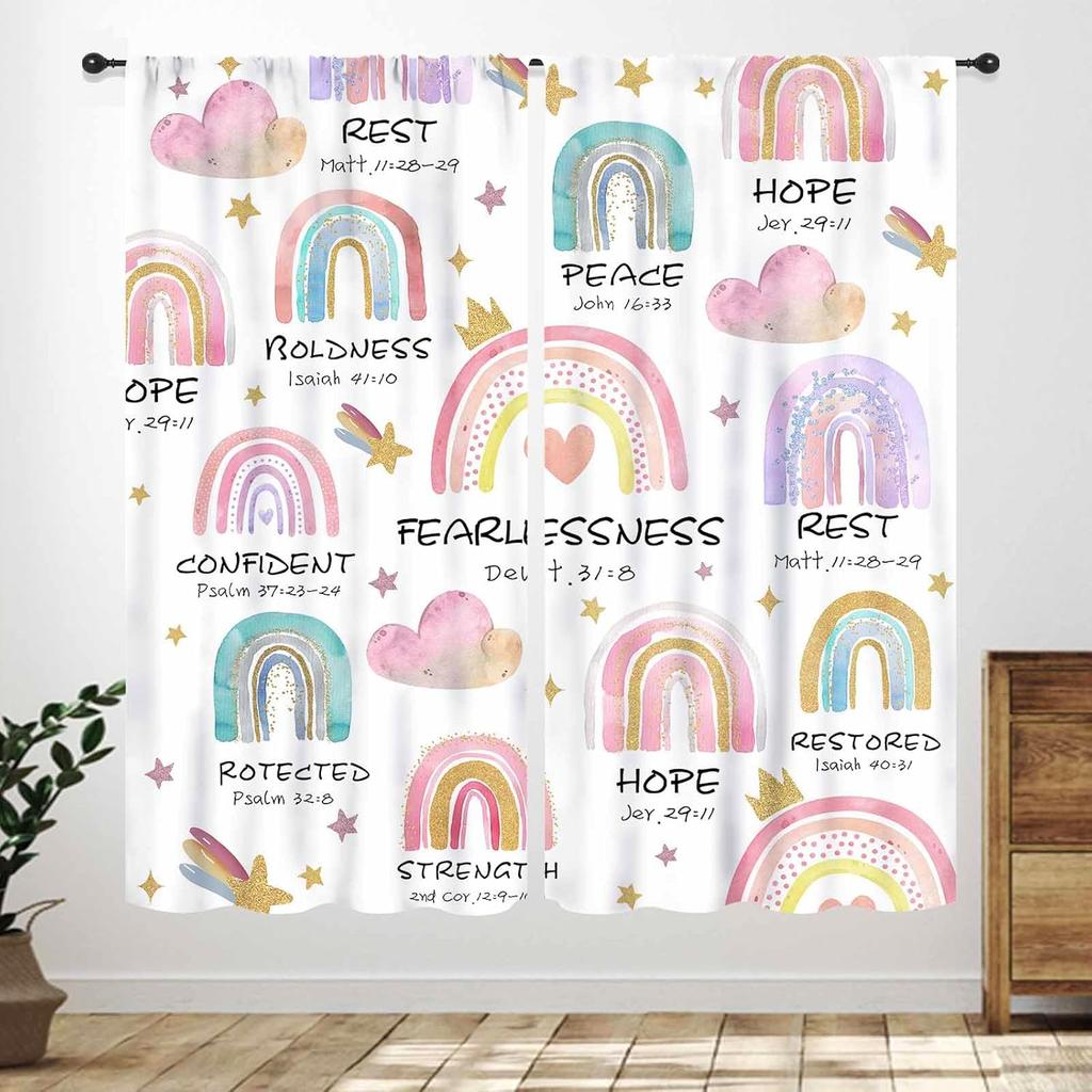 Rainbow Quote Curtains Kids Cartoon Cute Flowers Sun Lovely Inspirational Motivational Words Boys Girls Bedroom Window Polyester Decor Treatment