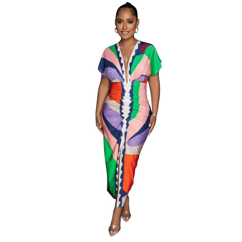 Women's European and American V-Neck Printed Slit Pleated Long Dress X6660